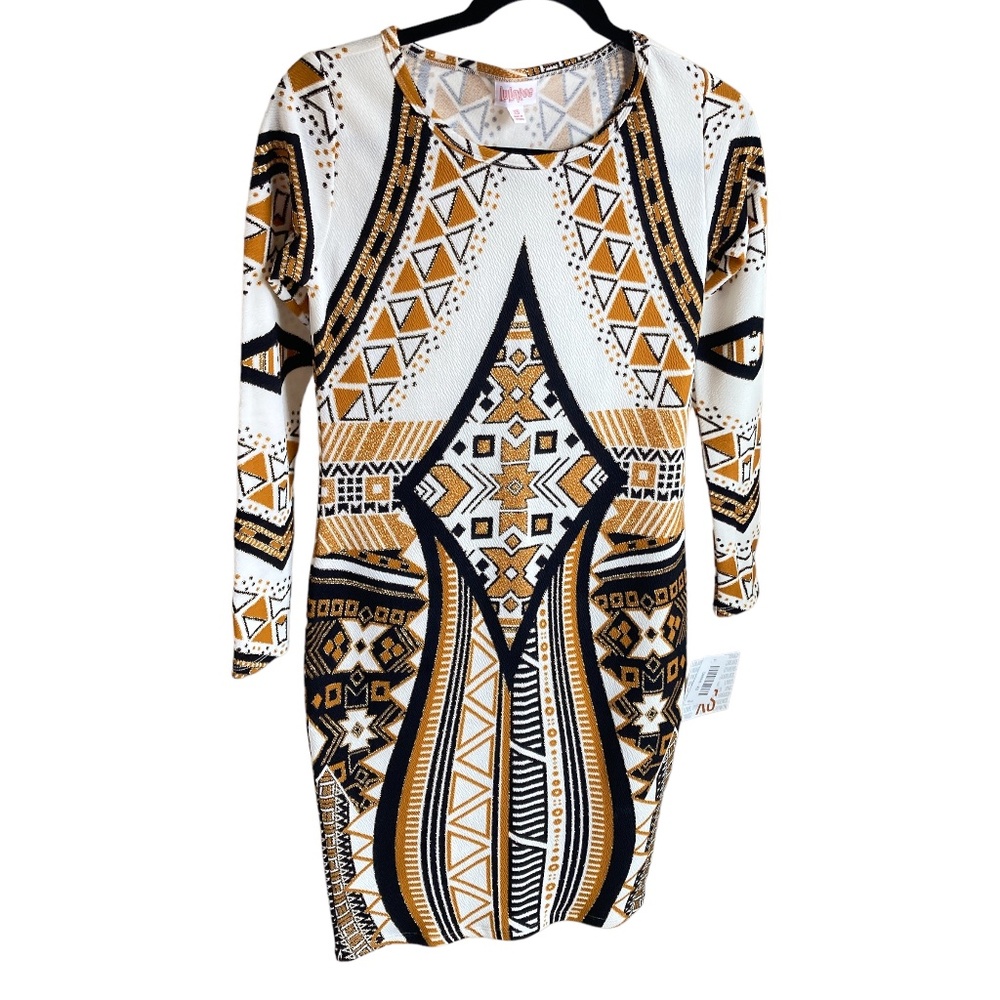 LuLaRoe Longsleeve Dress White Gold Aztec Print Debbie Elegant Fitted‎ XS
